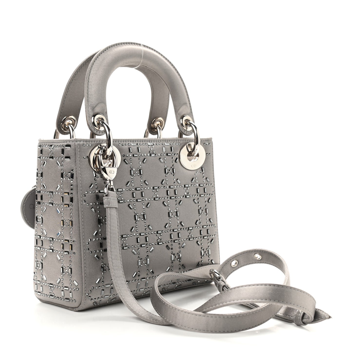 Satin Crystal Cannage Mini Lady Dior Gray