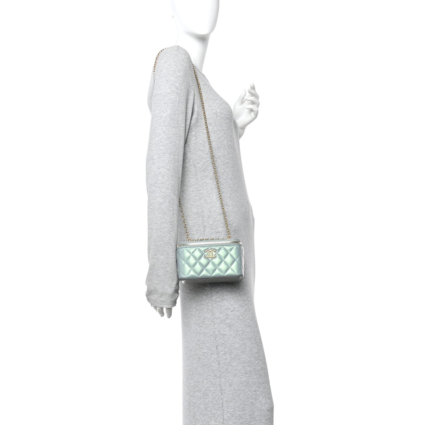 Metallic Lambskin Quilted Small CC Vanity Case With Chain Grey
