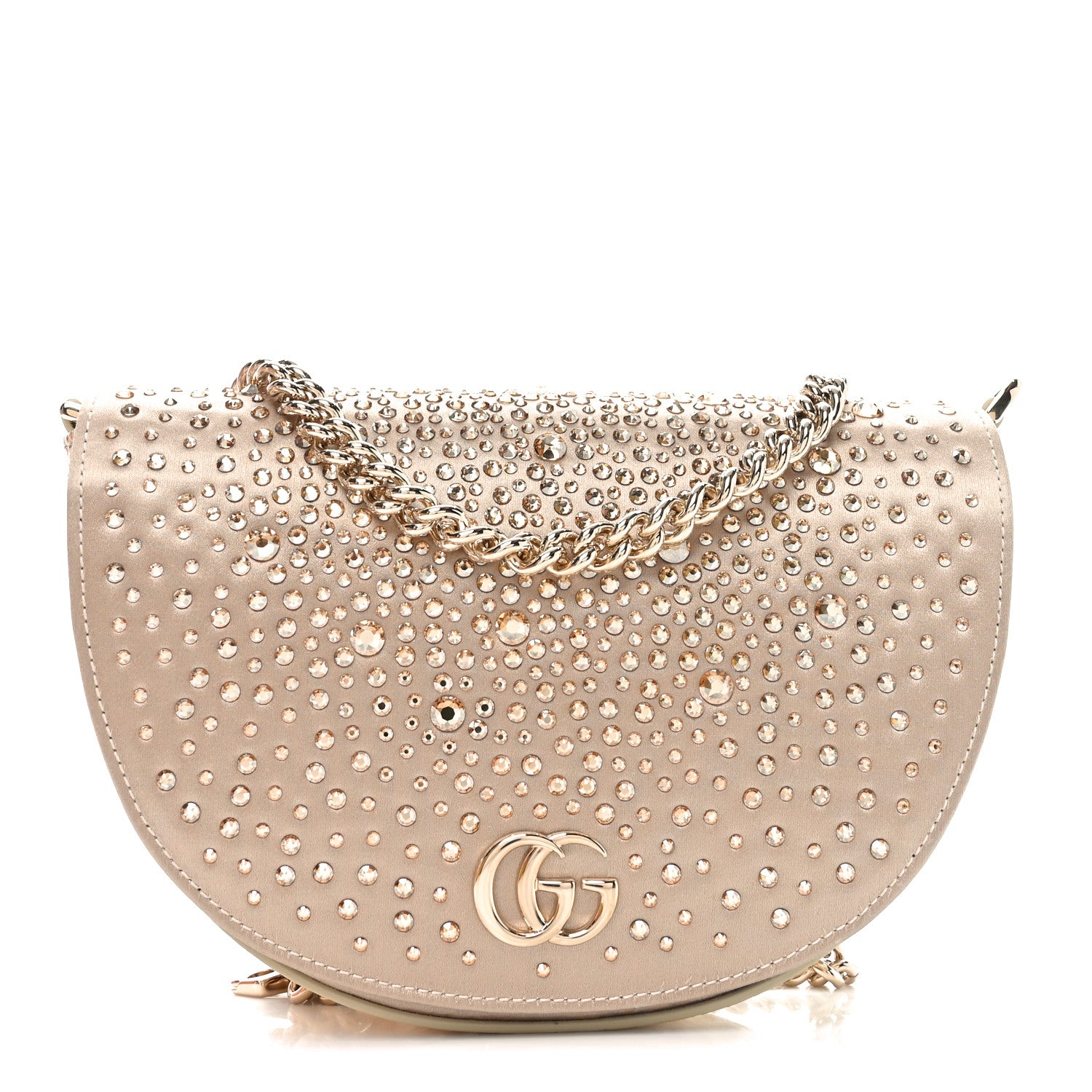 Gucci Satin Crystal Half Moon Chain Shoulder Bag Beige 1 of 11