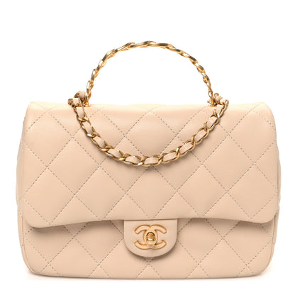 Chanel Lambskin Quilted Metal Enamel Chain Top Handle Square Flap Beige 1 of 11