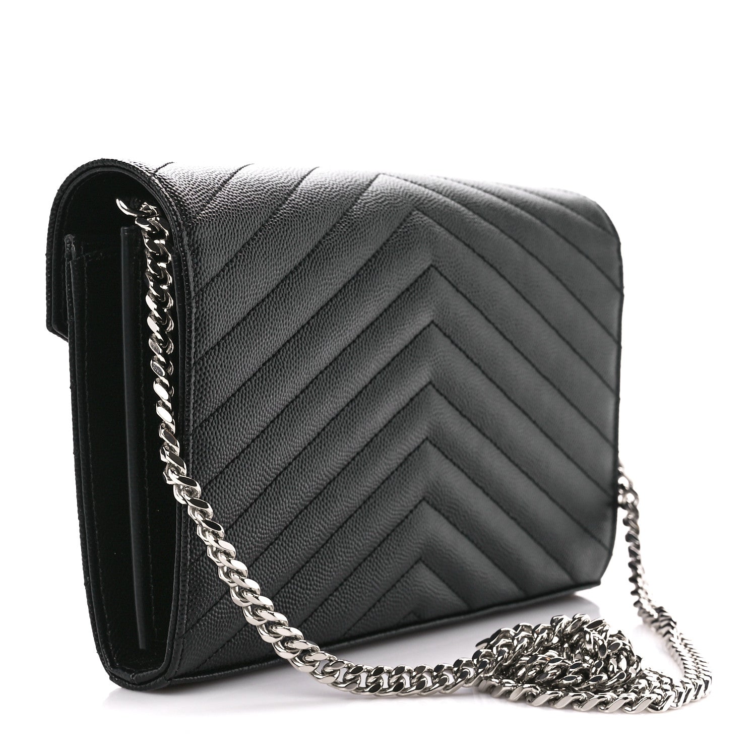Saint Laurent Grain De Poudre Matelasse Chevron Monogram Chain Wallet Black 3 of 11
