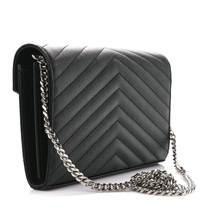 Saint Laurent Grain De Poudre Matelasse Chevron Monogram Chain Wallet Black 3 of 11