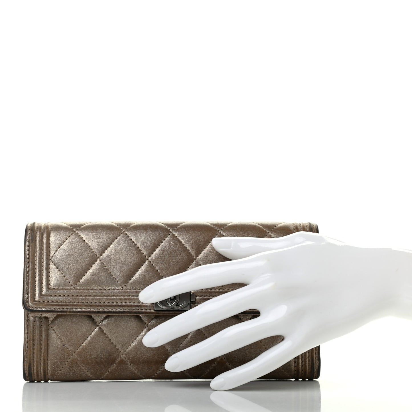 CHANE Iridescent Calfskin Quilted Boy Flap Wallet Dark Gold