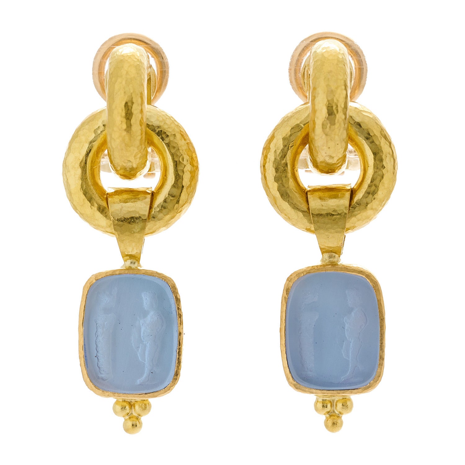 Elizabeth Locke 19K Yellow Gold Cerulean Venetian Glass Intaglio God and Pillar Cheerio Drop Earrings 1 of 5