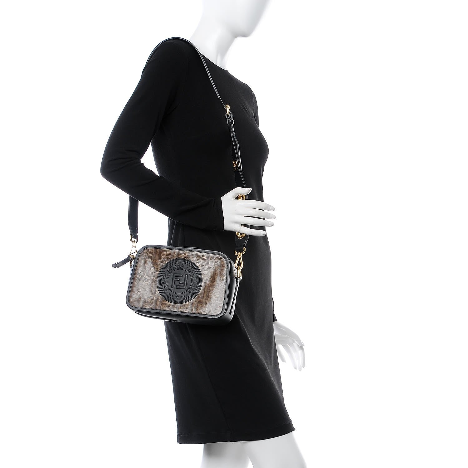 Fendi Glazed Fabric Vitello Century F is Fendi FF 1974 Stamp Patch Camera Case Mogano Panna Black 2 of 7