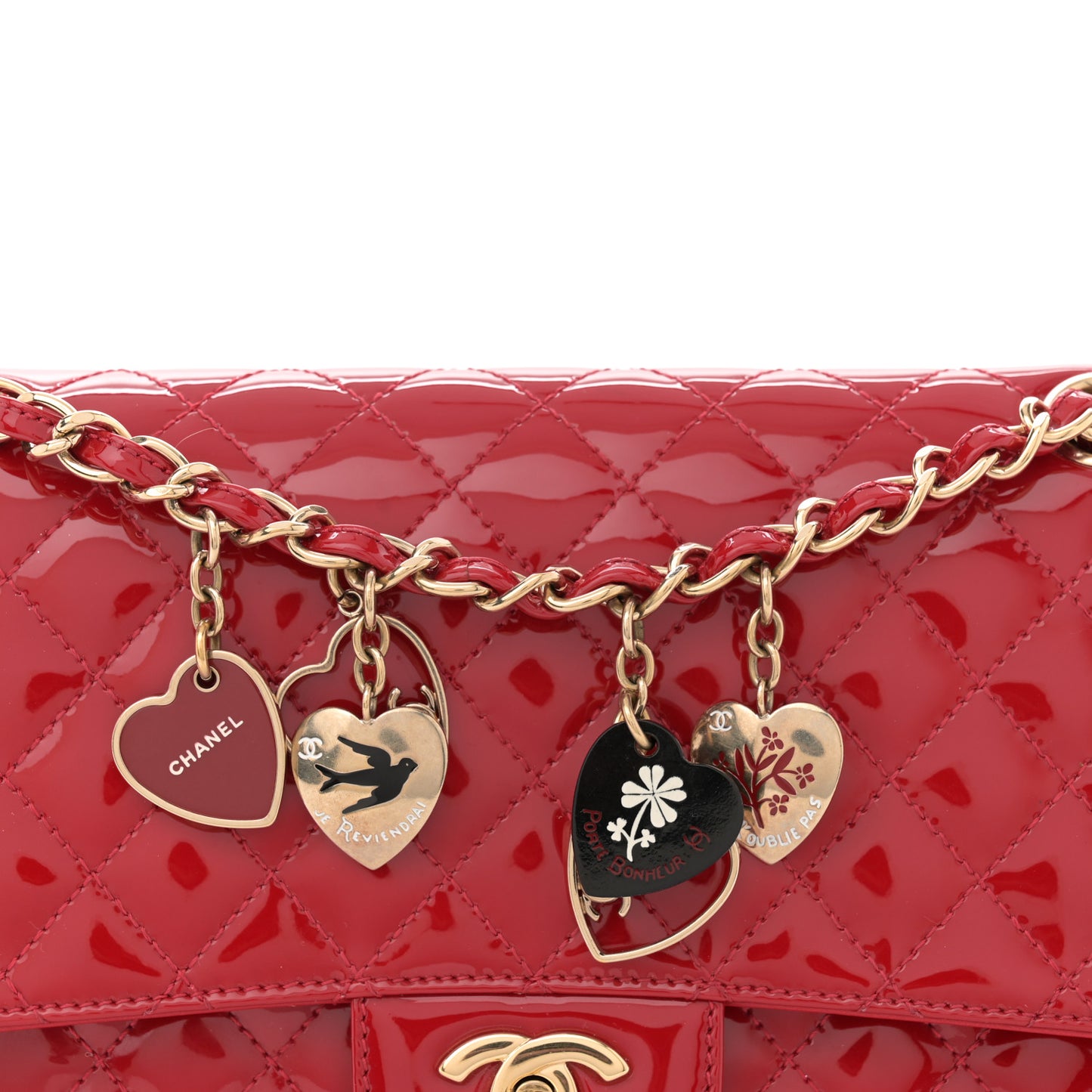 Patent Calfskin Quilted Valentine Charms Medium Single Flap Red