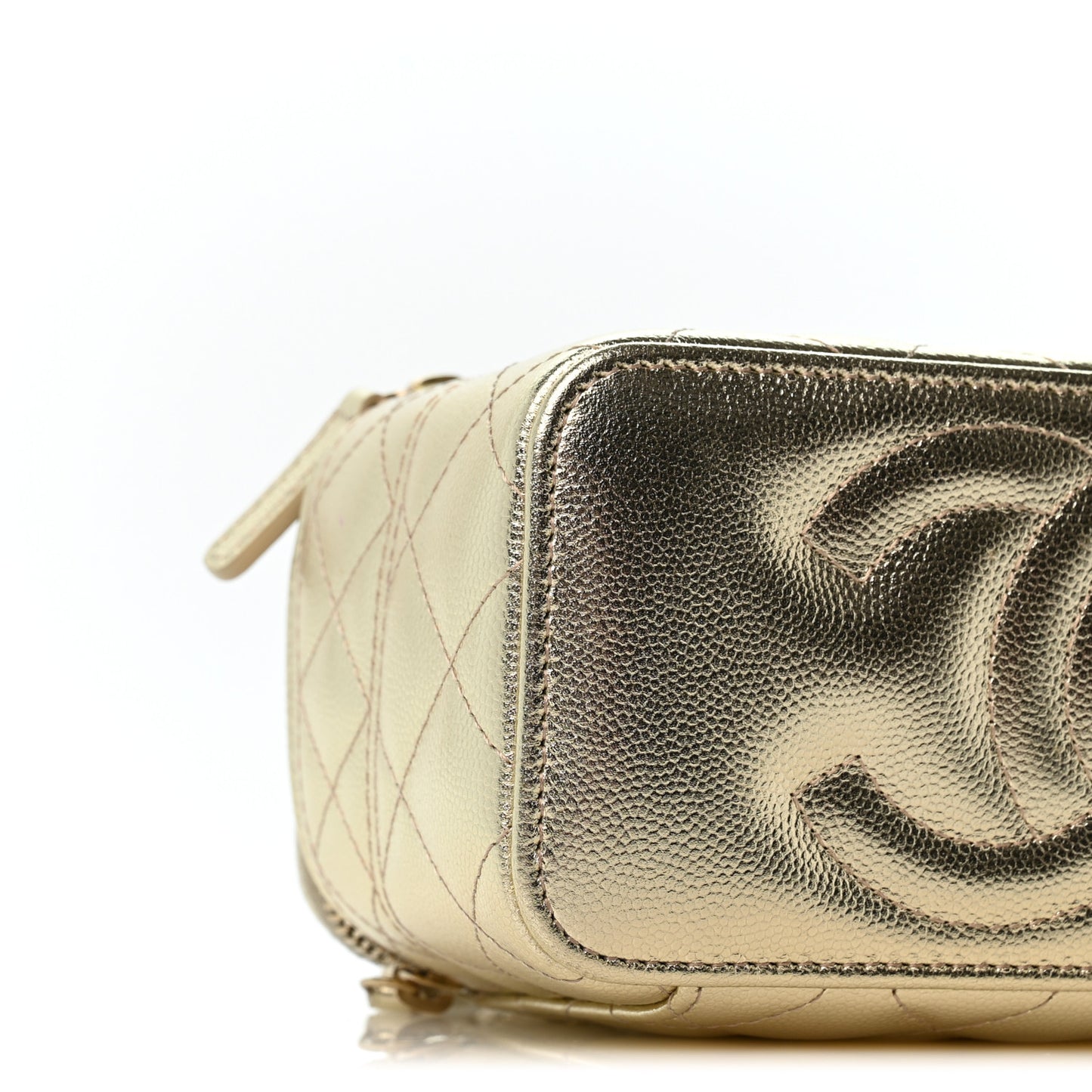 Metallic Caviar Quilted Trendy Handle Vanity Gold