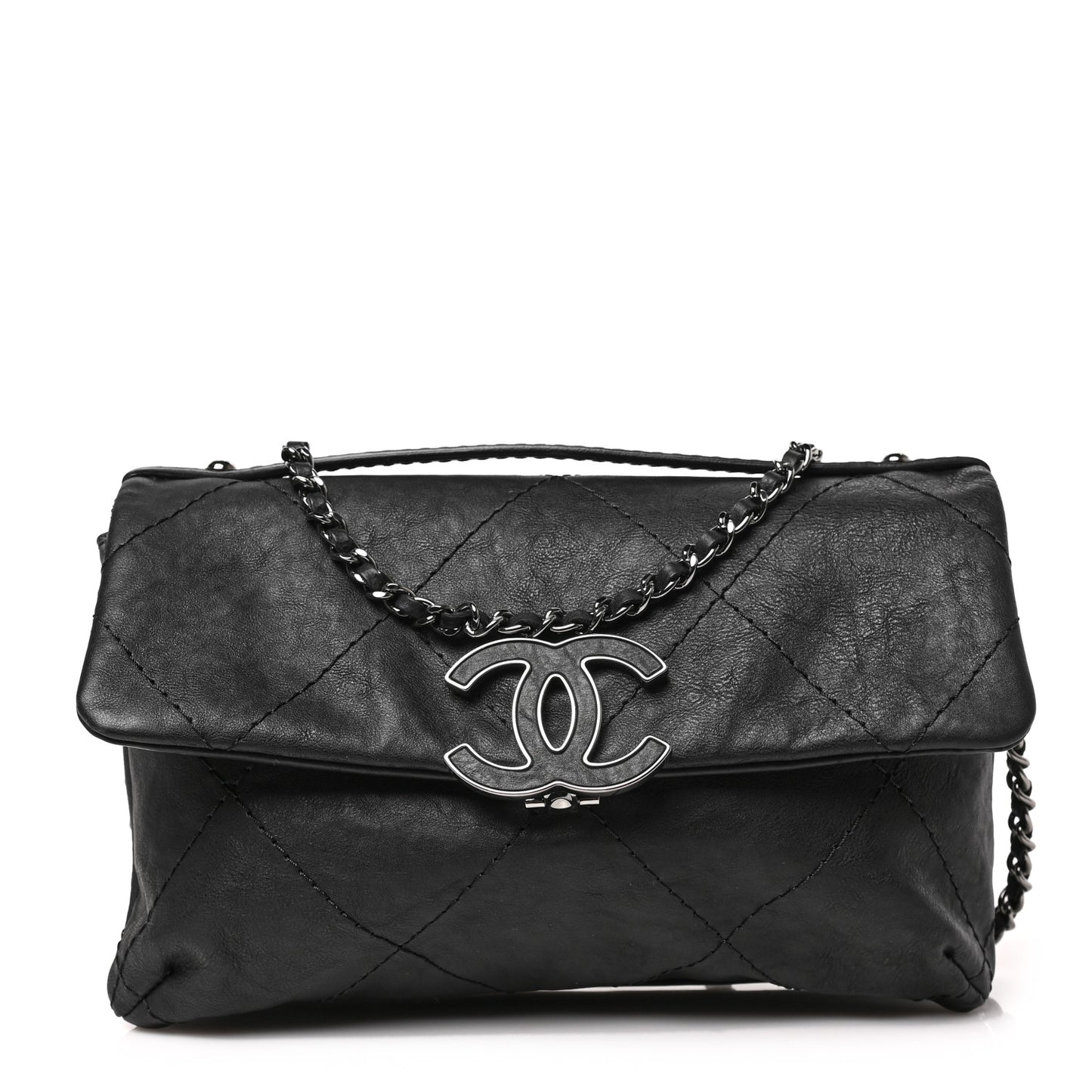 Washed Calfskin Diamond Stitch Hamptons Clutch With Chain Black