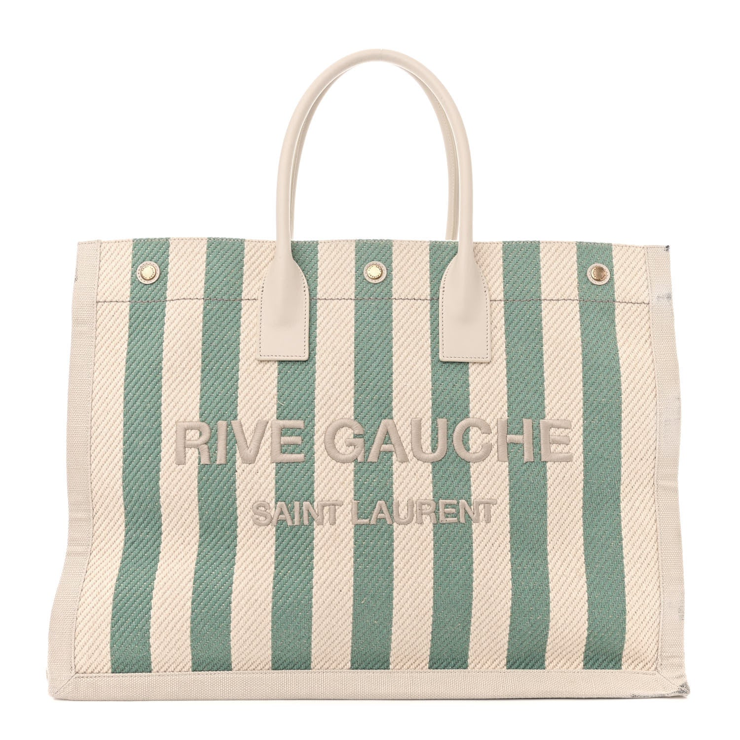Saint Laurent Cotton Linen Calfskin Striped Rive Gauche Tote Water Green 1 of 14