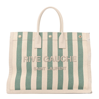 Saint Laurent Cotton Linen Calfskin Striped Rive Gauche Tote Water Green 1 of 14