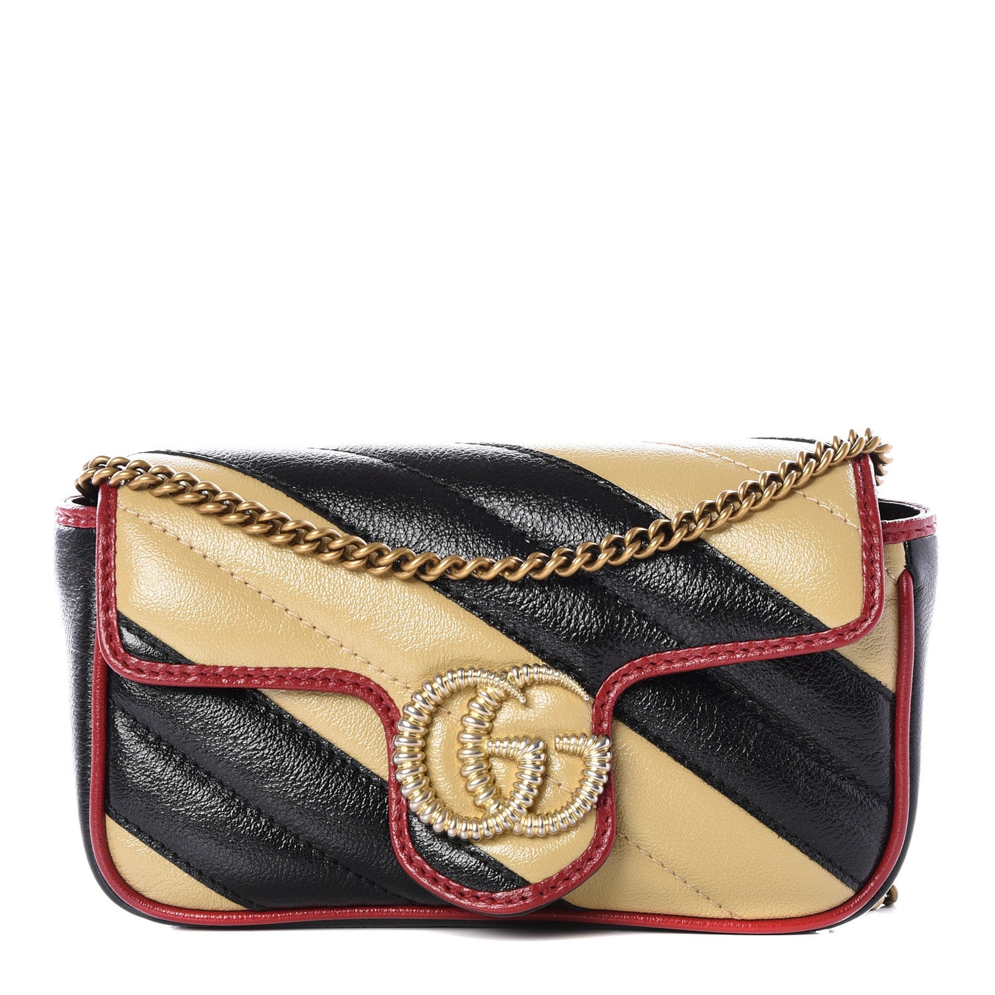 Vintage Effect Calfskin Matelasse Diagonal Striped Super Mini Torchon GG Marmont Shoulder Bag Black Beige