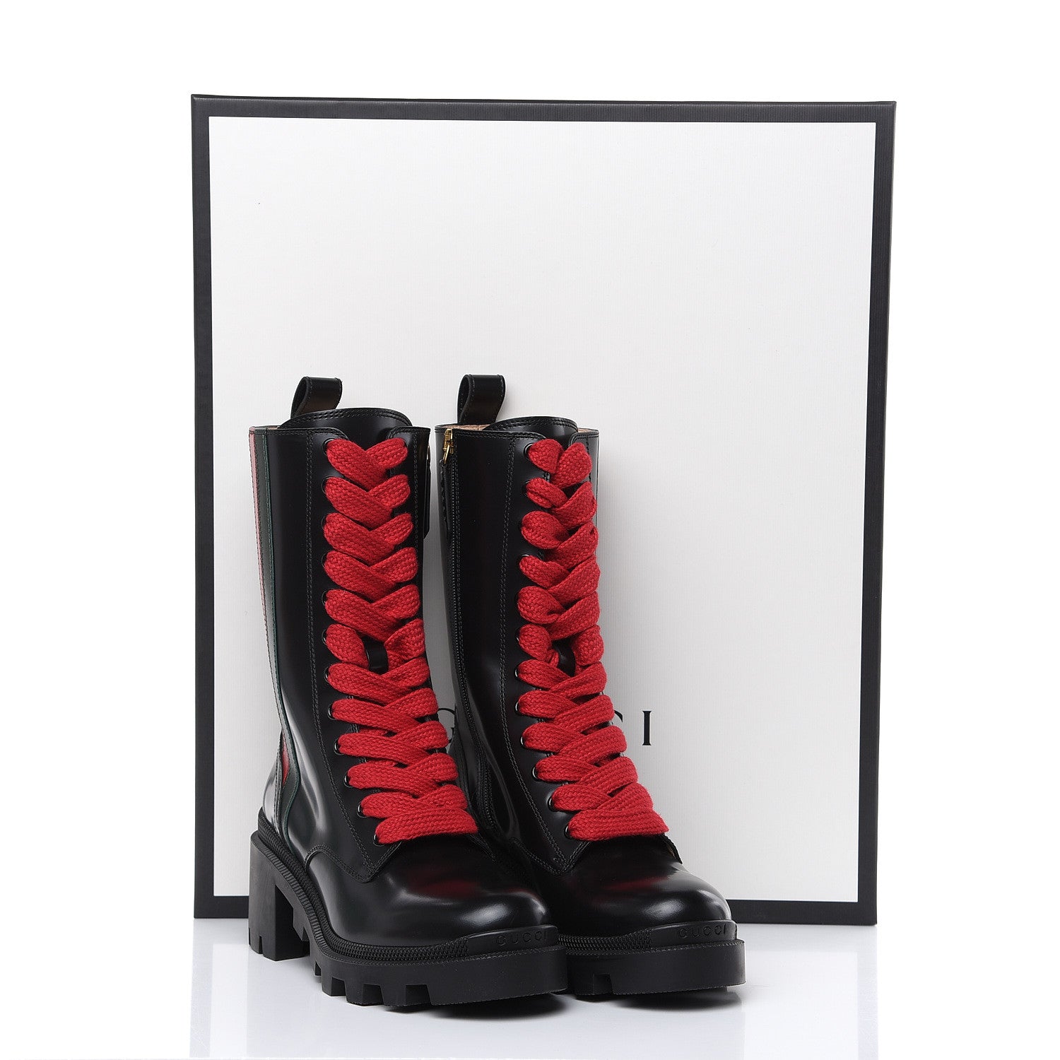 Gucci Magnum Calfskin Cirano Lux Web Lace Up Tall Combat Boots 35.5 Black Verde Hibiscus Red 8 of 8