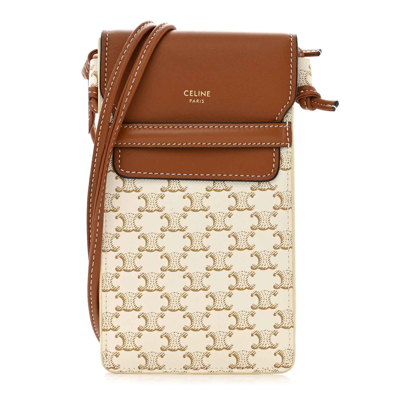Celine Triomphe Canvas Lambskin Phone Pouch With Flap White Tan 1 of 10