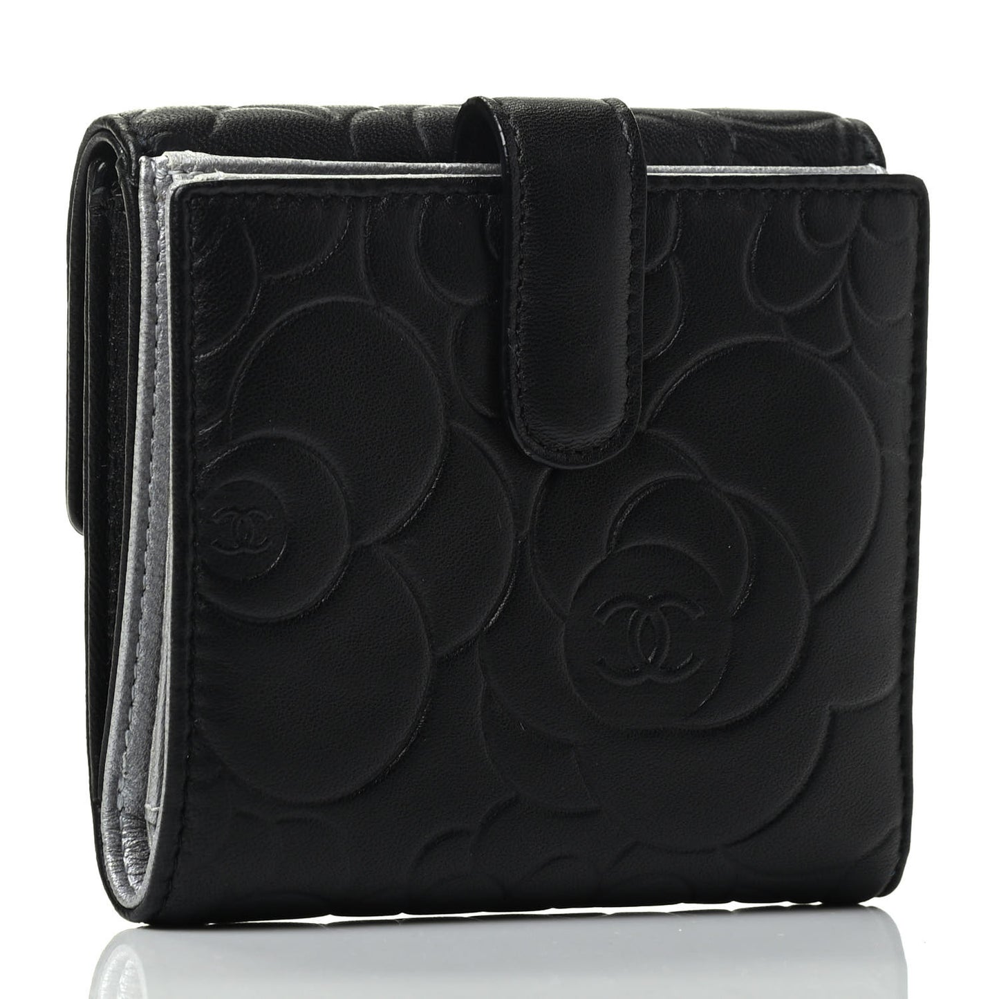 Lambskin Camellia Embossed Small Double Wallet Black