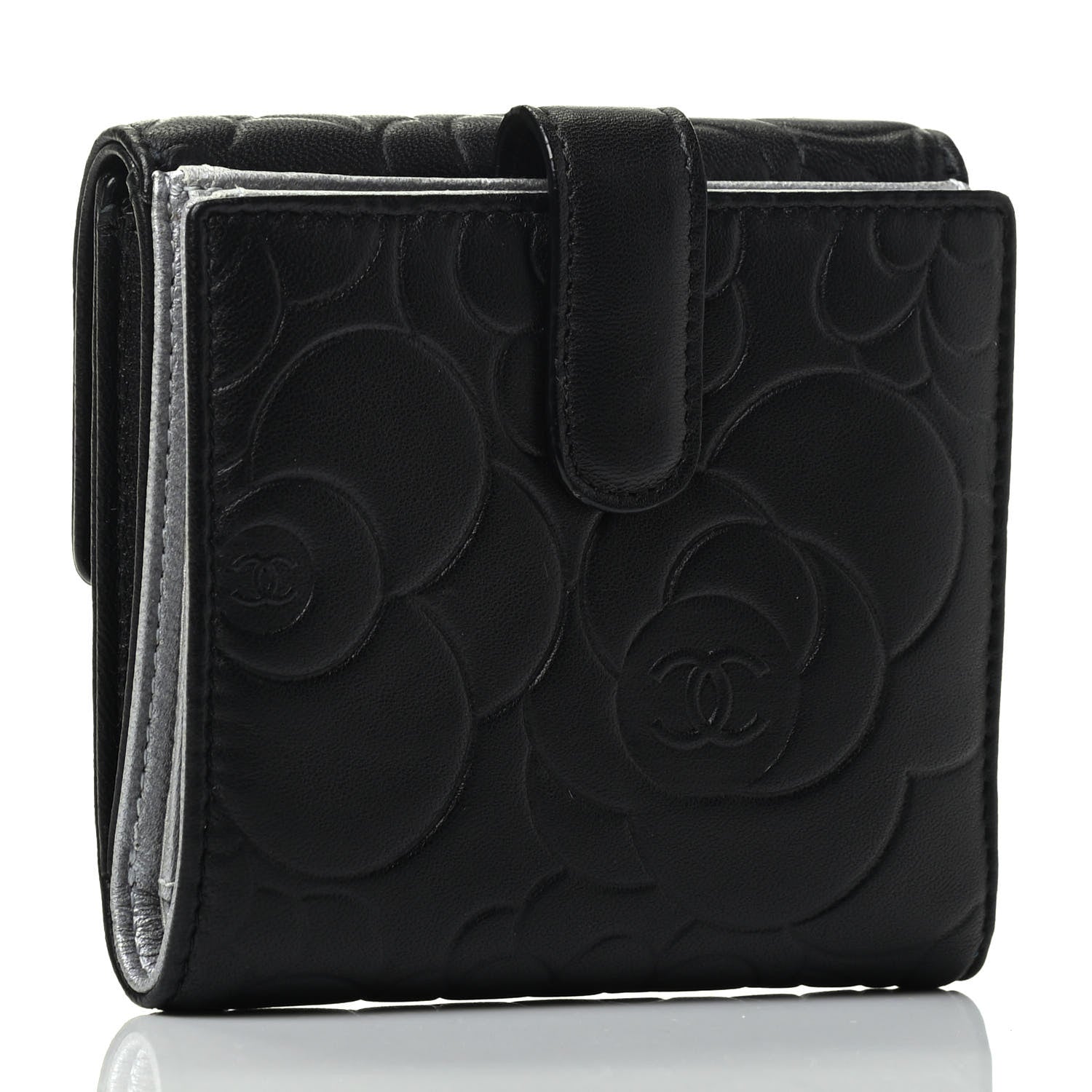 Chanel Lambskin Camellia Embossed Small Double Wallet Black 2 of 4