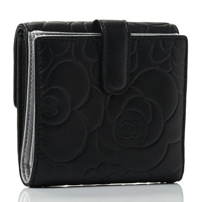Chanel Lambskin Camellia Embossed Small Double Wallet Black 2 of 4