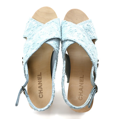 Chanel Jacquard Studded Slingback Clog Sandals 39 Turquoise White 2 of 9
