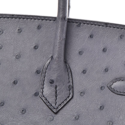 Hermes Ostrich Horseshoe Birkin 25 Gris Agate Bleu Marine 9 of 43