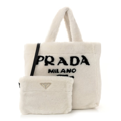 Prada Shearling Logo Tote White Black 3 of 11