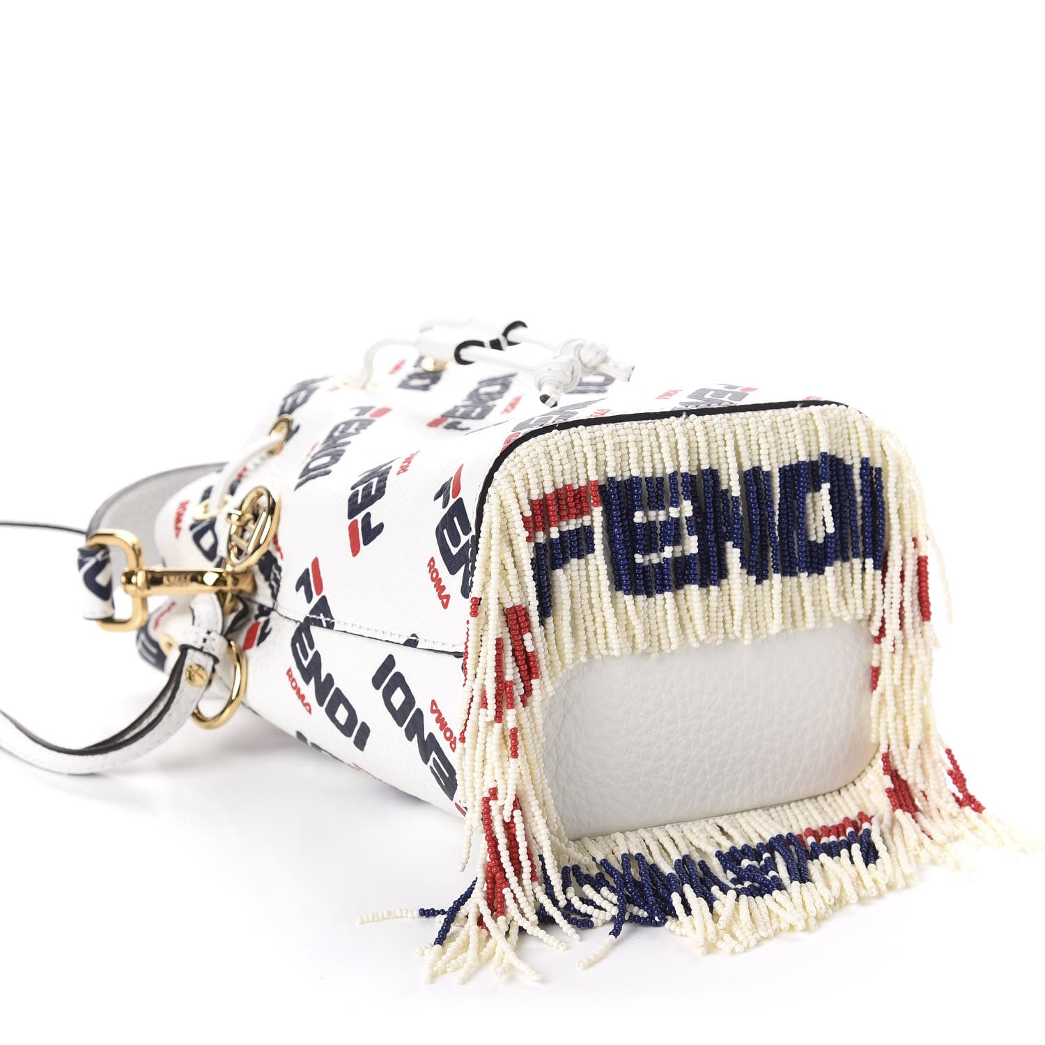 Fendi X FILA Calfskin F is Fendi Mania Fringe Mini Mon Tresor Bucket Bag White 5 of 12