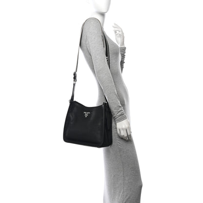 Prada Vitello Daino Soft Hobo Messenger Bag Black 2 of 9