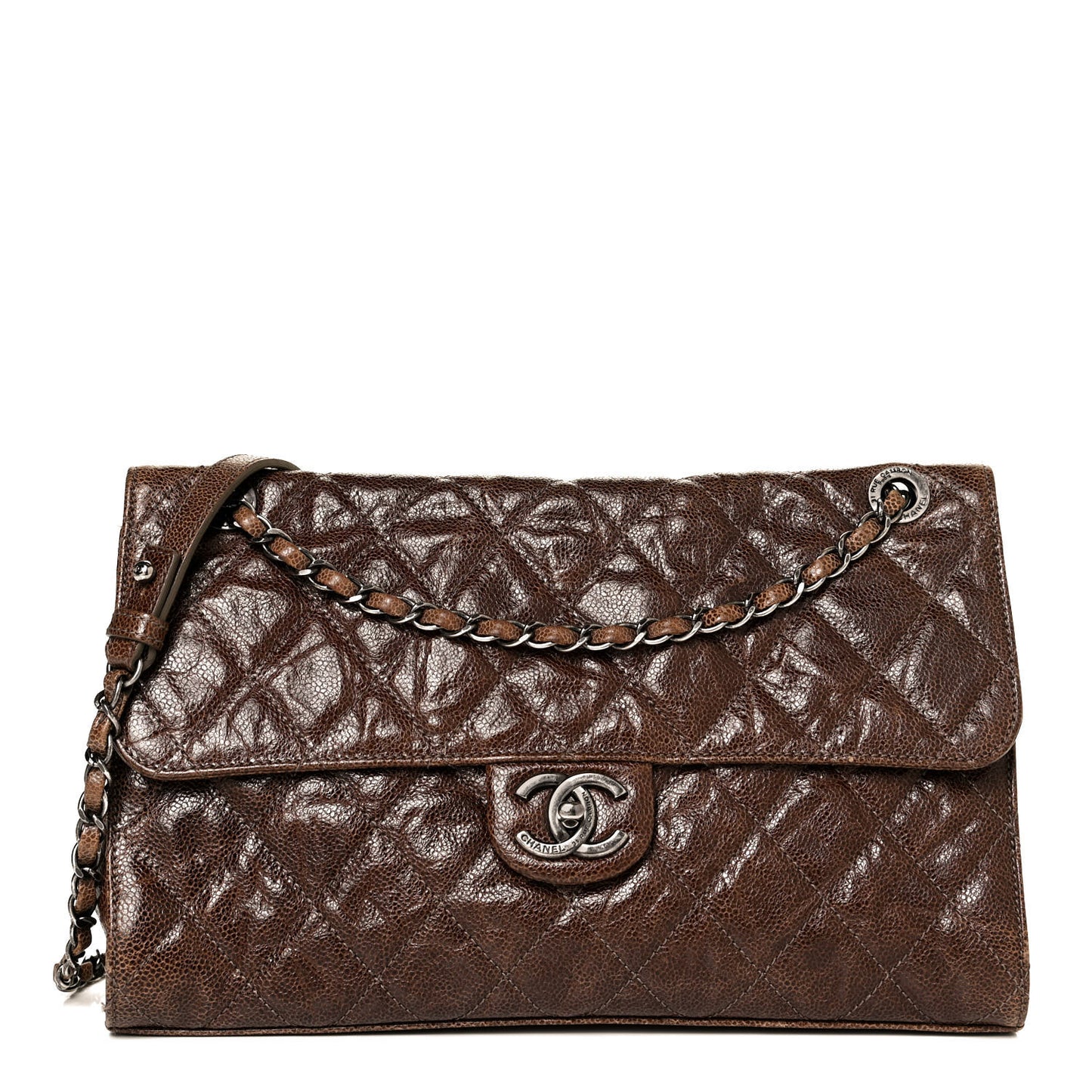 Crumpled Grained Calfskin Jumbo CC Crave Flap Brown