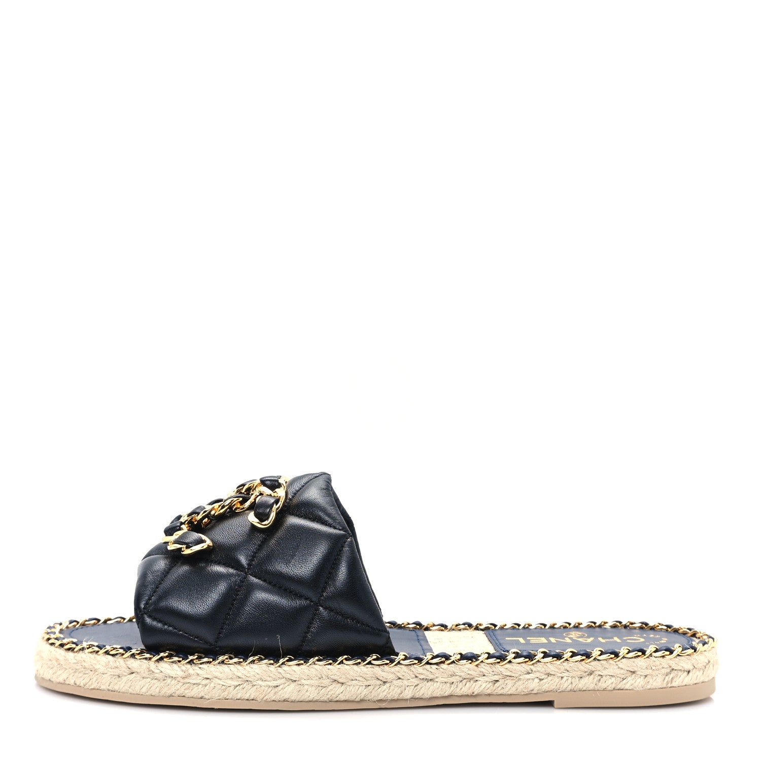 Chanel Lambskin Quilted CC Chain Espadrille Mules 39 Black Navy 1 of 10
