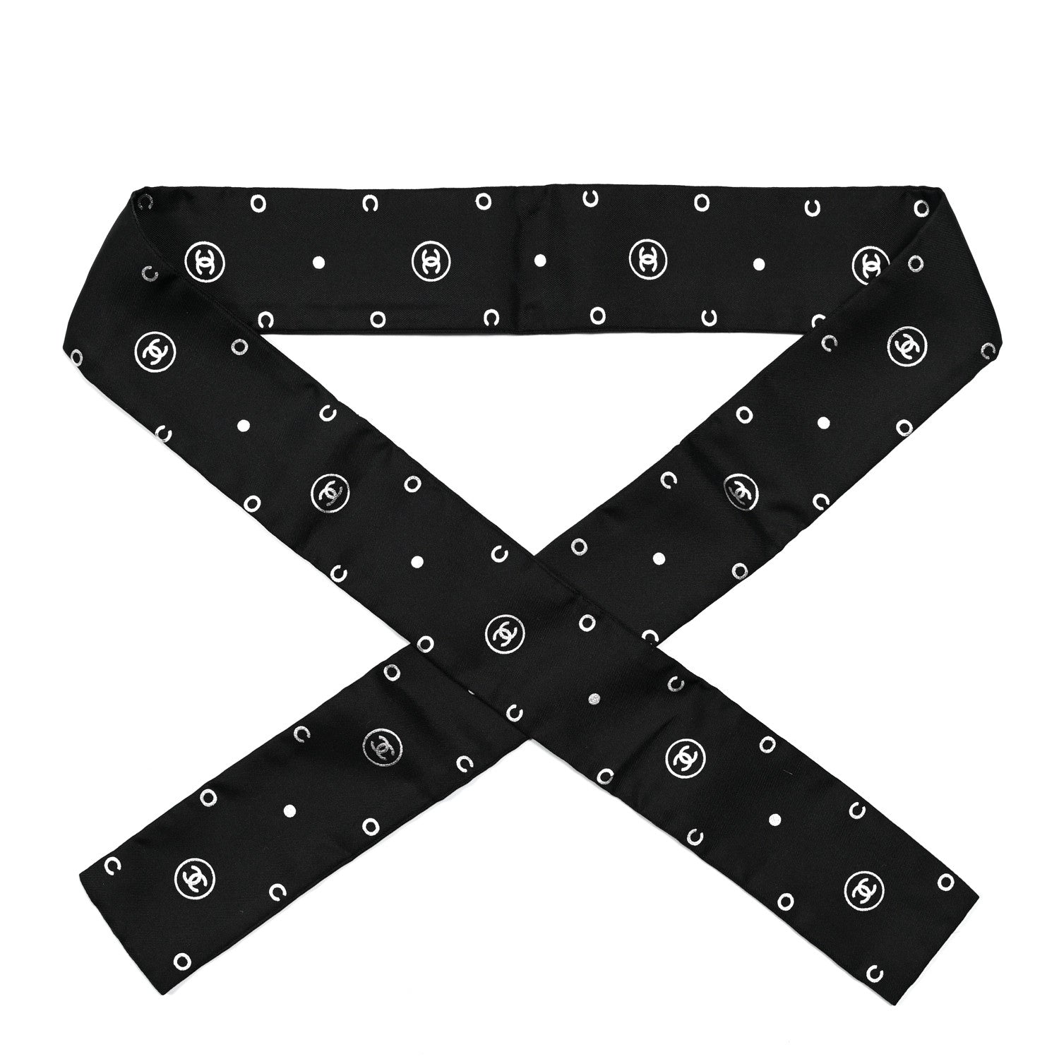 Chanel Silk CC Polka Dot Slim Bandeau Scarf Black Silver 1 of 3