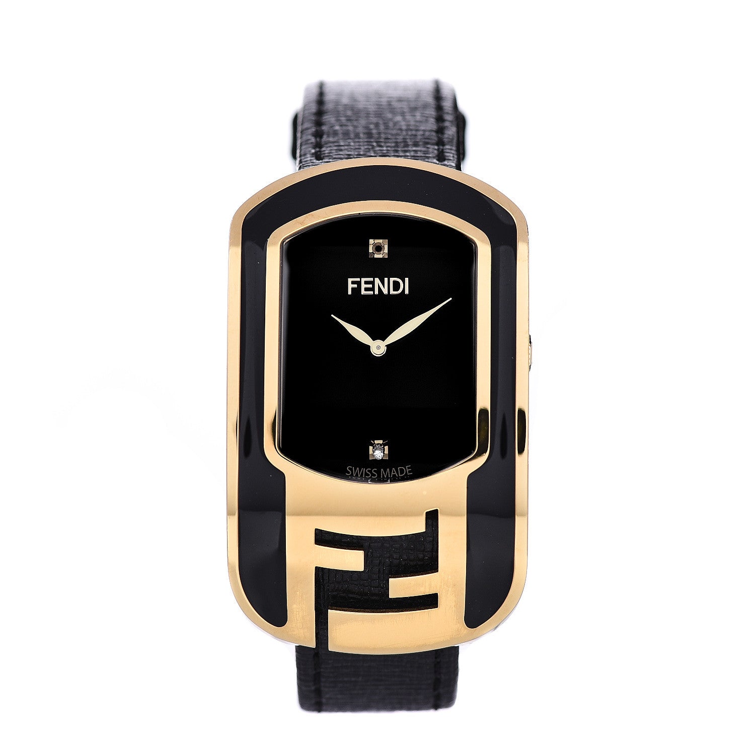 Fendi Stainless Steel Calfskin Diamond Enamel 29mm Chameleon Quartz Watch Black 1 of 8