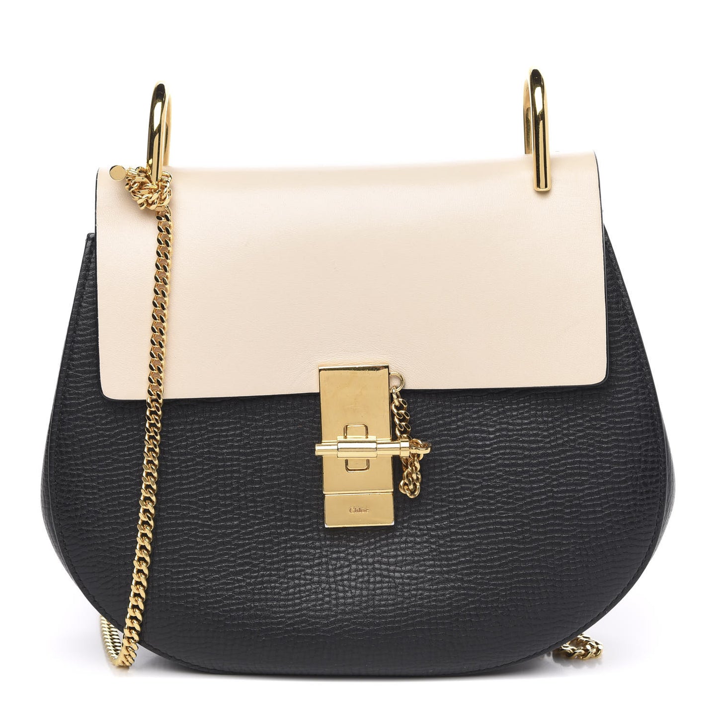 Grained Calfskin Lambskin Bi-Color Drew Shoulder Bag Black Powder Beige