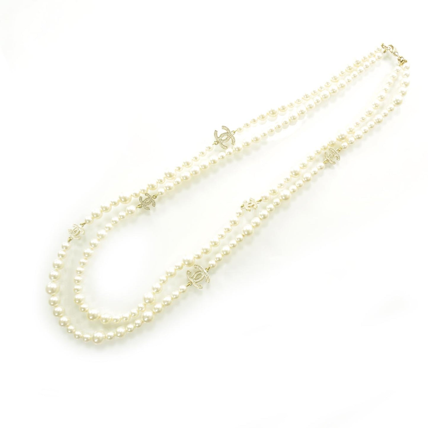 Pearl Crystal CC Double Strand Necklace Gold