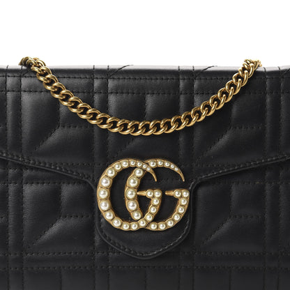 Gucci Calfskin Matelasse Mini Pearly GG Marmont Chain Wallet Black 10 of 11