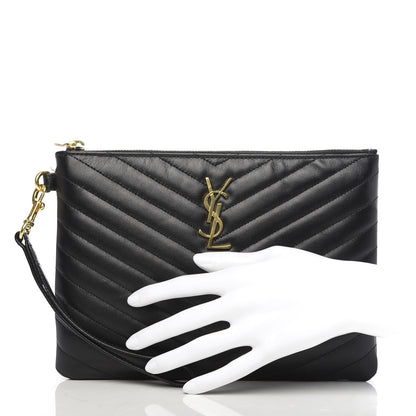 Saint Laurent Calfskin Matelasse Chevron Monogram A5 Wristlet Black 2 of 7
