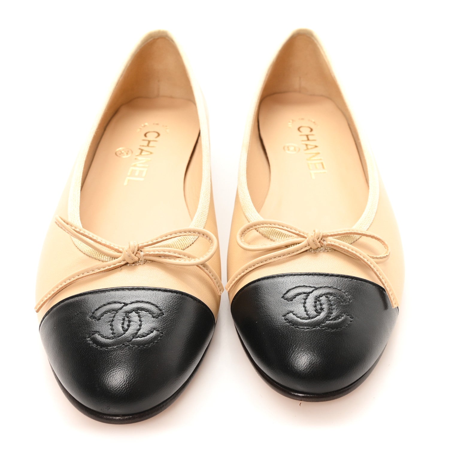 Chanel Lambskin Cap Toe CC Ballerina Flats 37.5 Beige Black 3 of 10