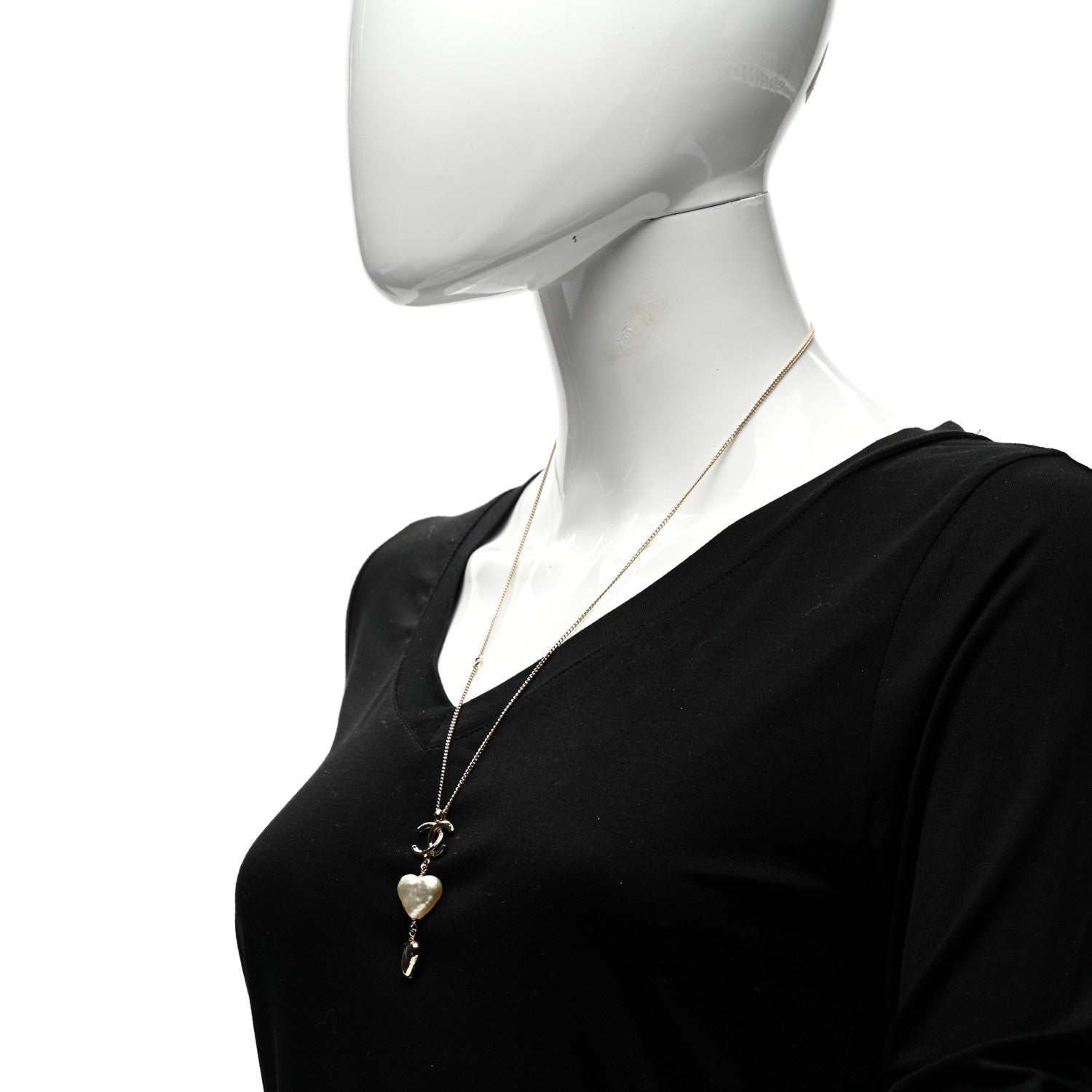 Chanel Pearl CC Double Heart Drop Necklace Pearly White Gold 2 of 5
