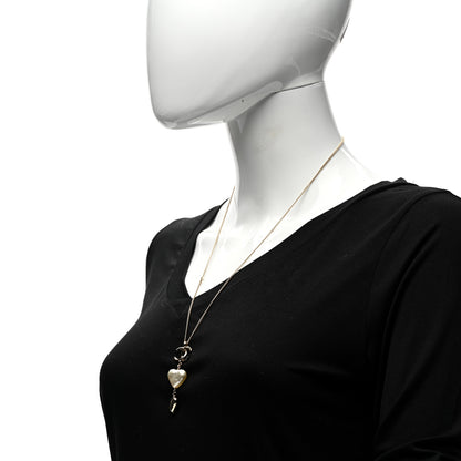 Chanel Pearl CC Double Heart Drop Necklace Pearly White Gold 2 of 5