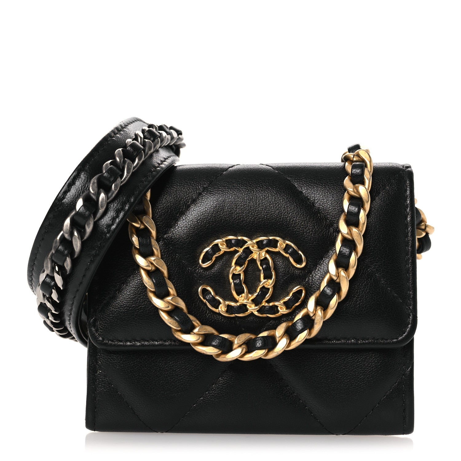 Chanel Lambskin Quilted Chanel 19 Flap Coin Purse With Chain Black 1 of 11
