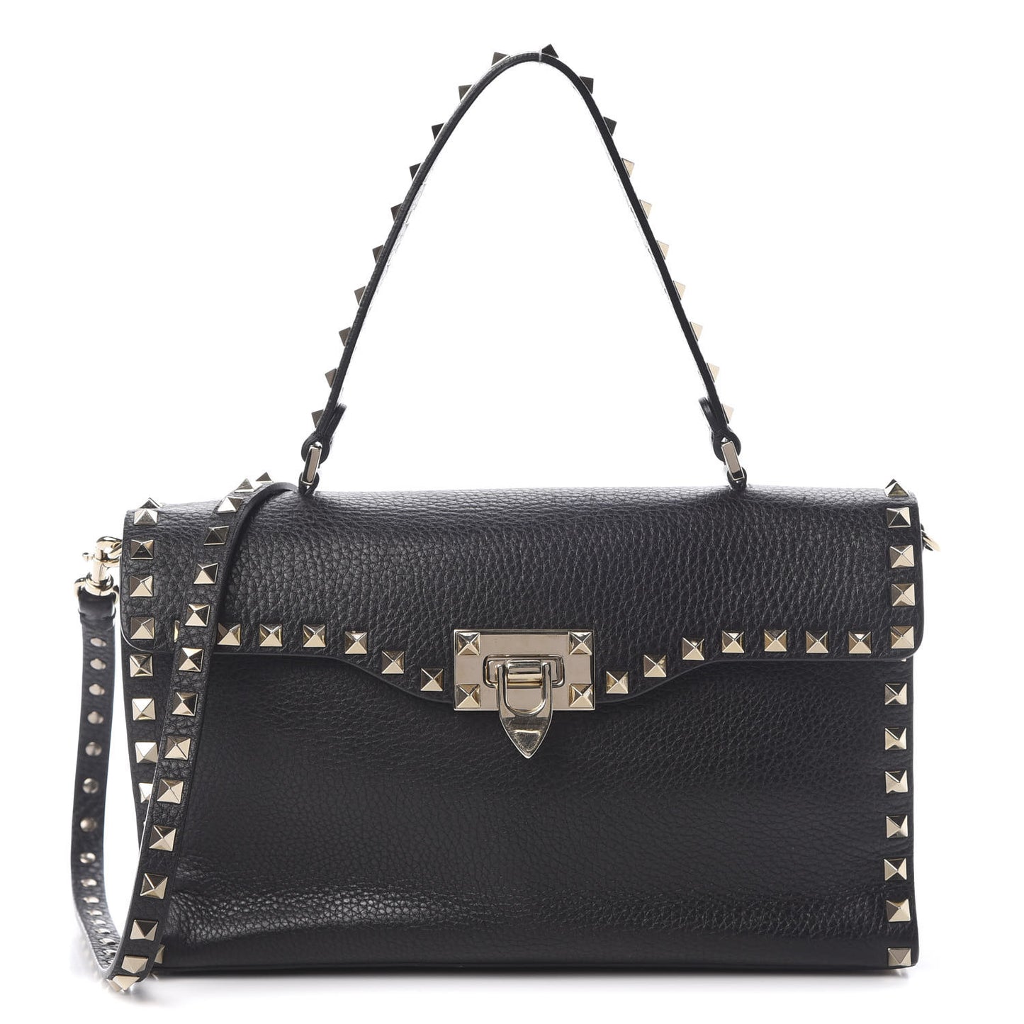 Pebbled Calfskin Small Rockstud Single Handle Flap Bag Black
