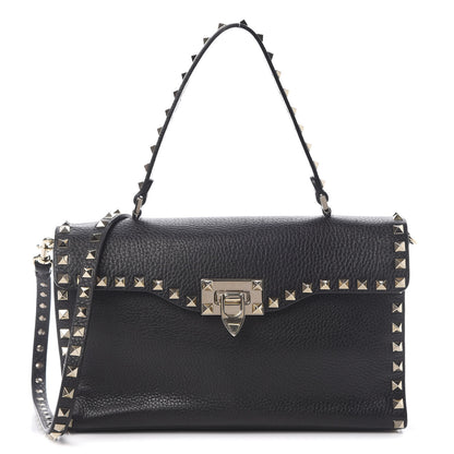 Valentino Garavani Pebbled Calfskin Small Rockstud Single Handle Flap Bag Black 1 of 10