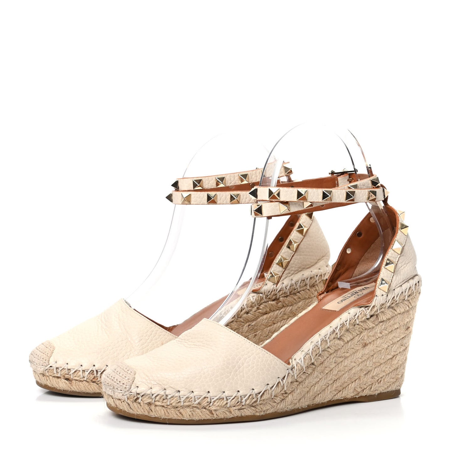 Grained Calfskin Rockstud Ankle Wrap Espadrille 15/85mm Wedges 37 Light Ivory