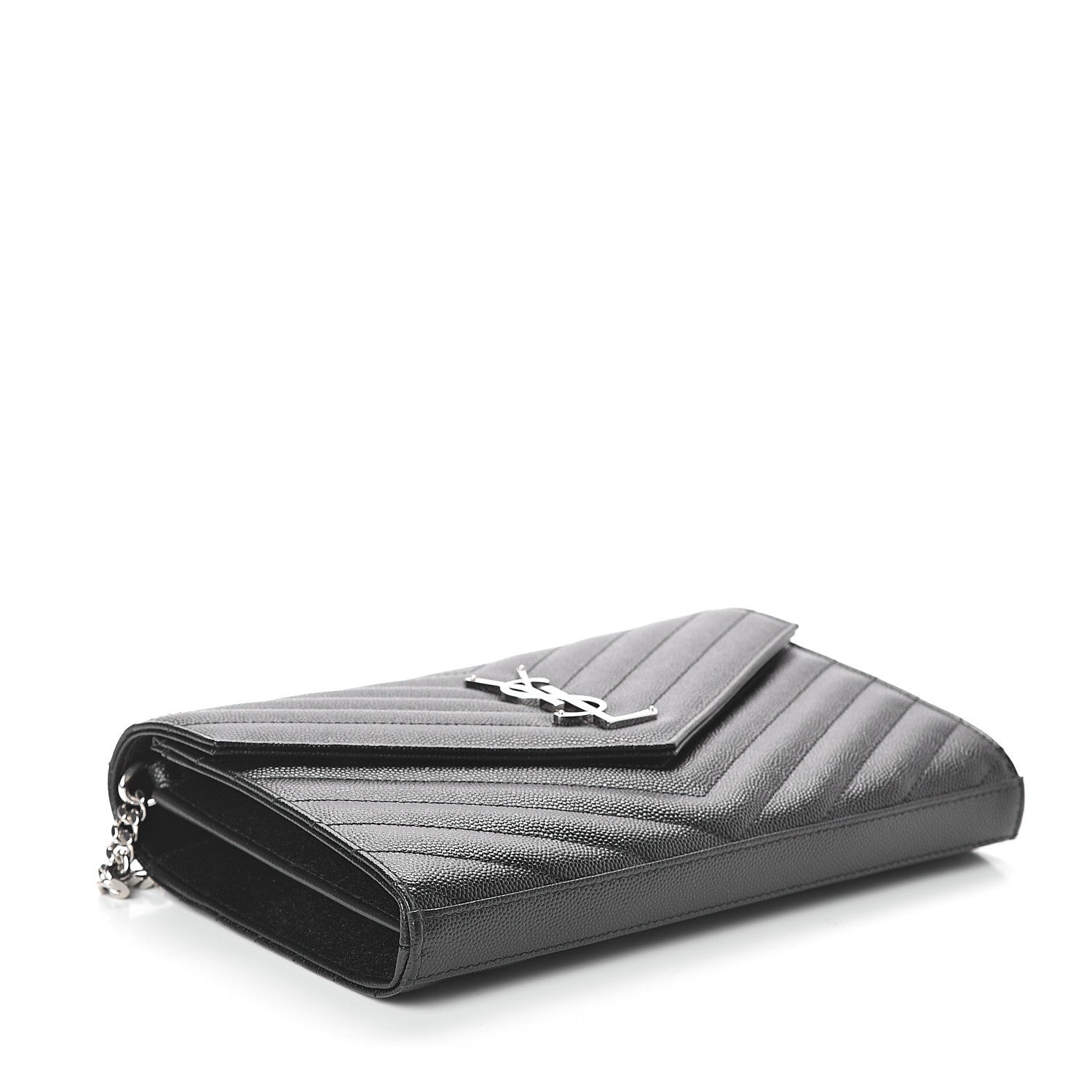 Saint Laurent Grain De Poudre Matelasse Chevron Monogram Chain Wallet Black 3 of 8