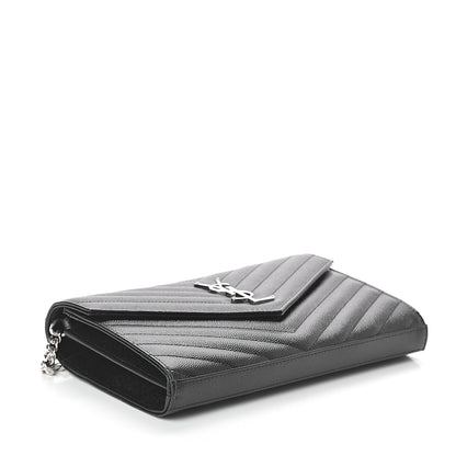 Saint Laurent Grain De Poudre Matelasse Chevron Monogram Chain Wallet Black 3 of 8