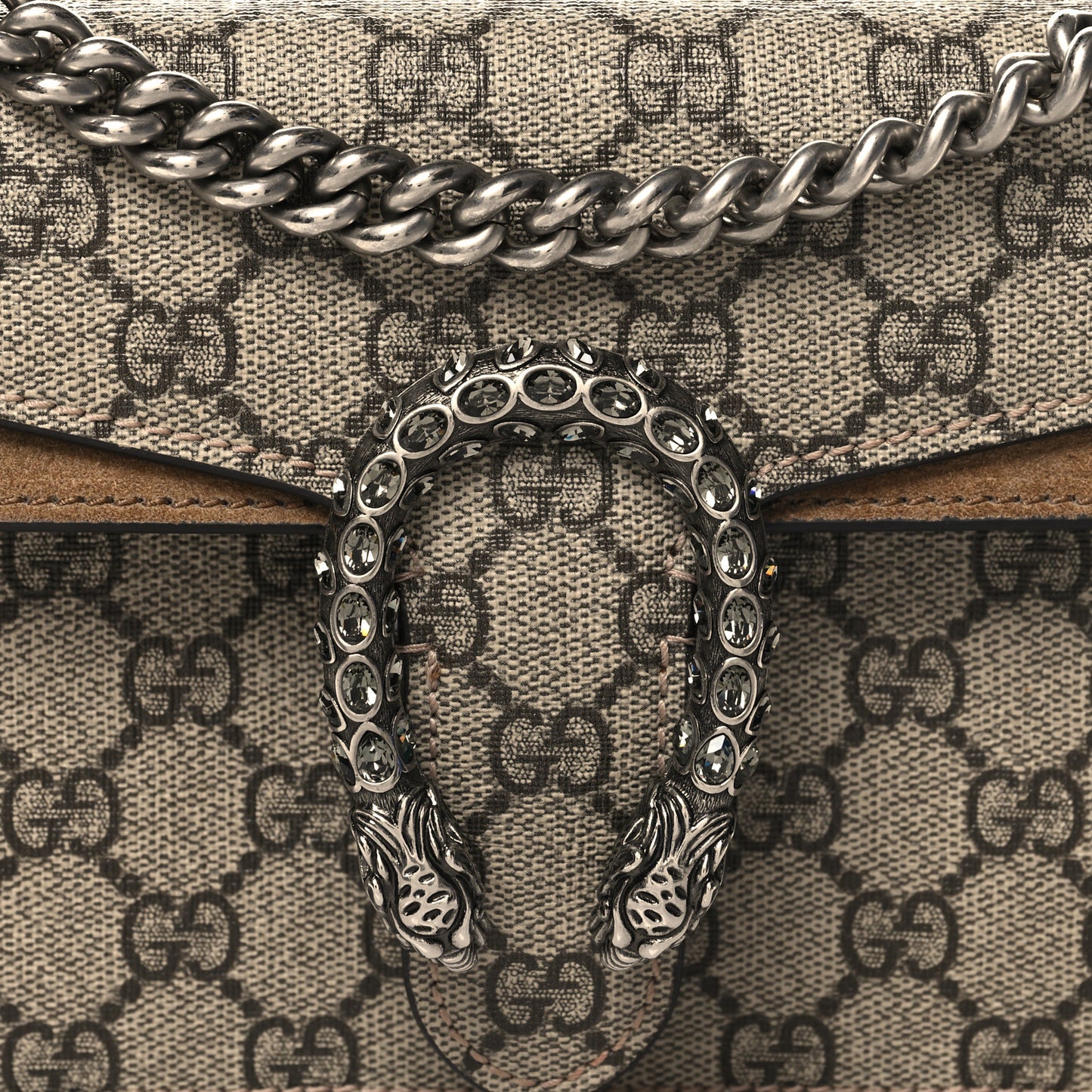 GG Supreme Monogram Suede Crystal Small Dionysus Shoulder Bag Beige Ebony Taupe
