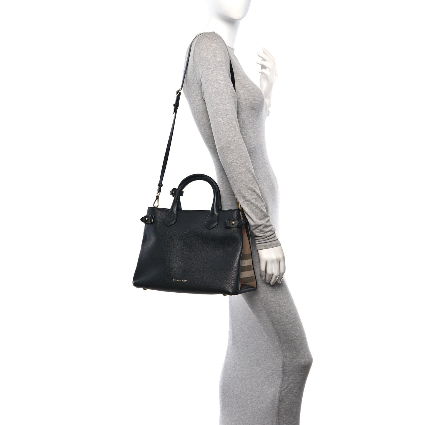 Grainy Calfskin House Check Medium Banner Tote Black