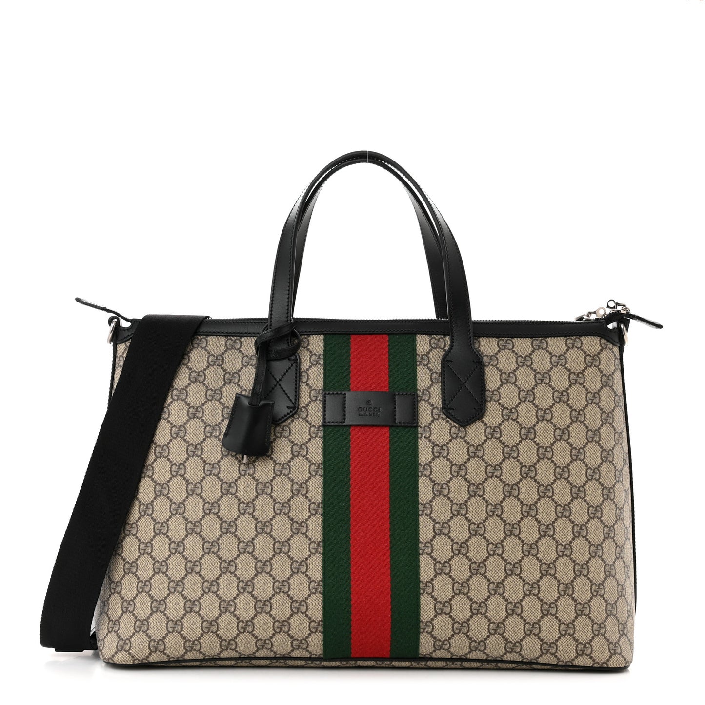 GG Supreme Monogram Web Medium Zippered Tote Beige Black