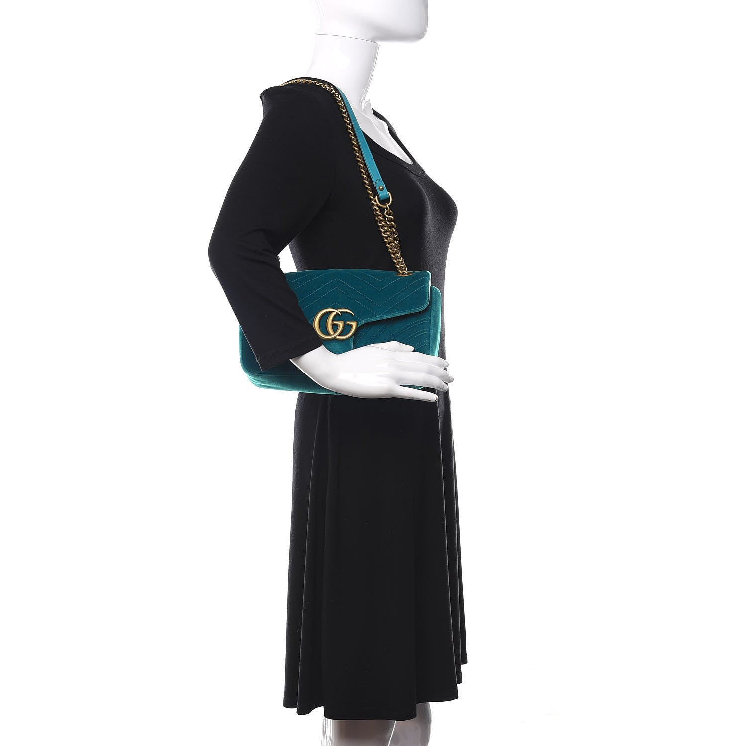 Gucci Velvet Matelasse Small GG Marmont Shoulder Bag Pavone Cyan 3 of 13