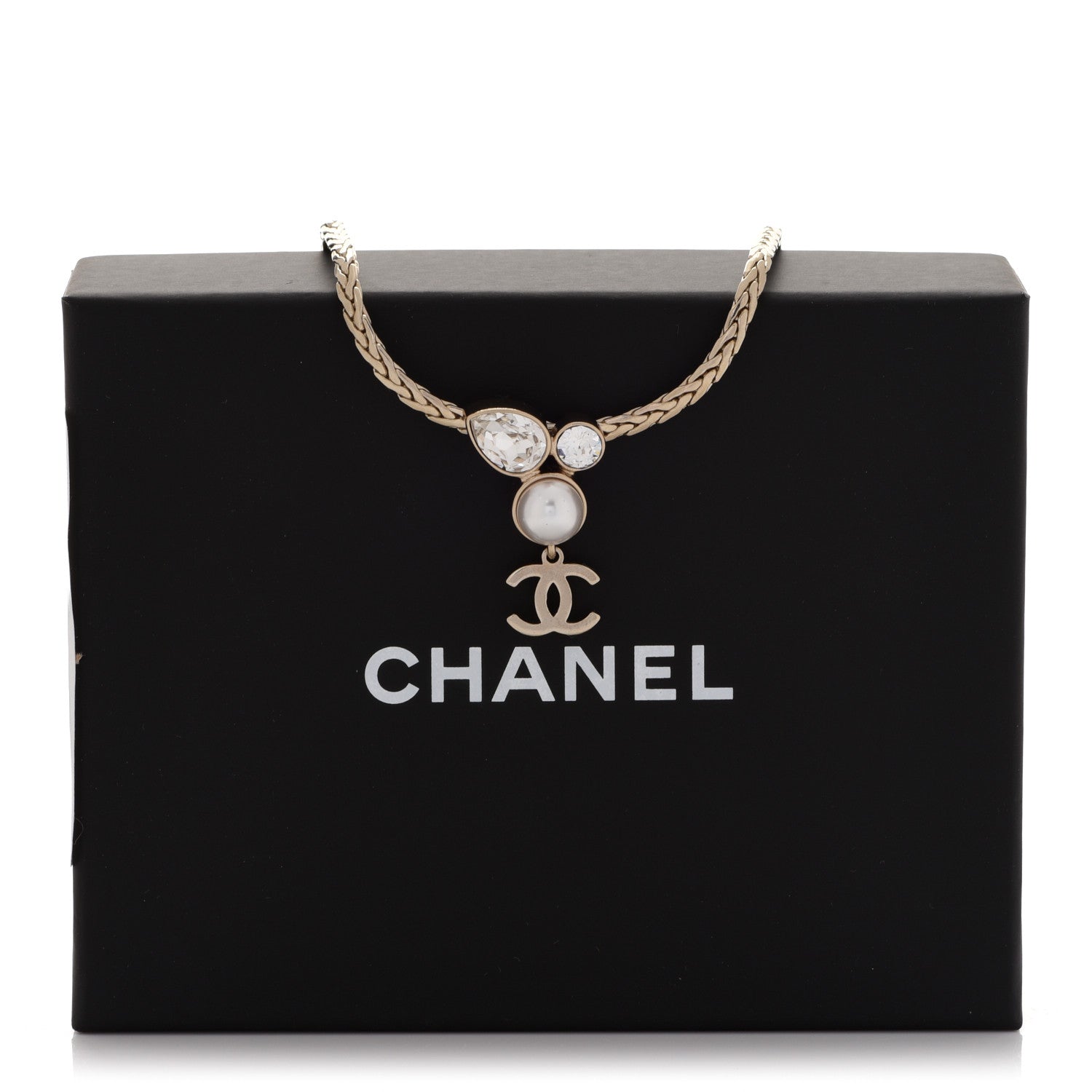 Chanel Pearl Crystal CC Teardrop Braided Necklace Gold 6 of 6