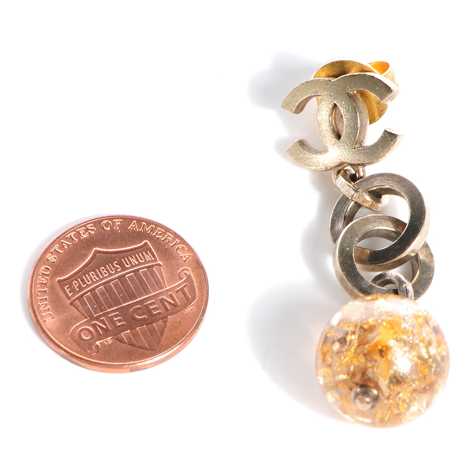Chanel Brushed Metal Bead CC Drop Earrings Gold 2 of 4