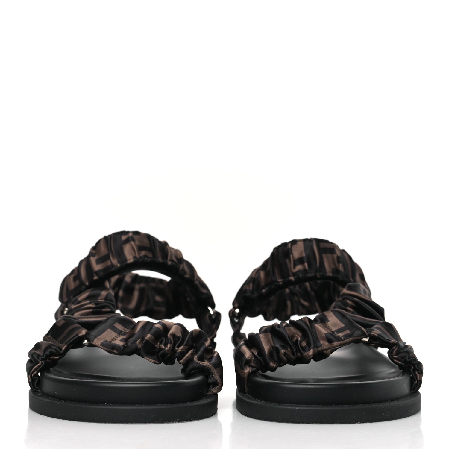 Fendi Satin FF Ruched Sandals 37 Tobacco Black 2 of 7