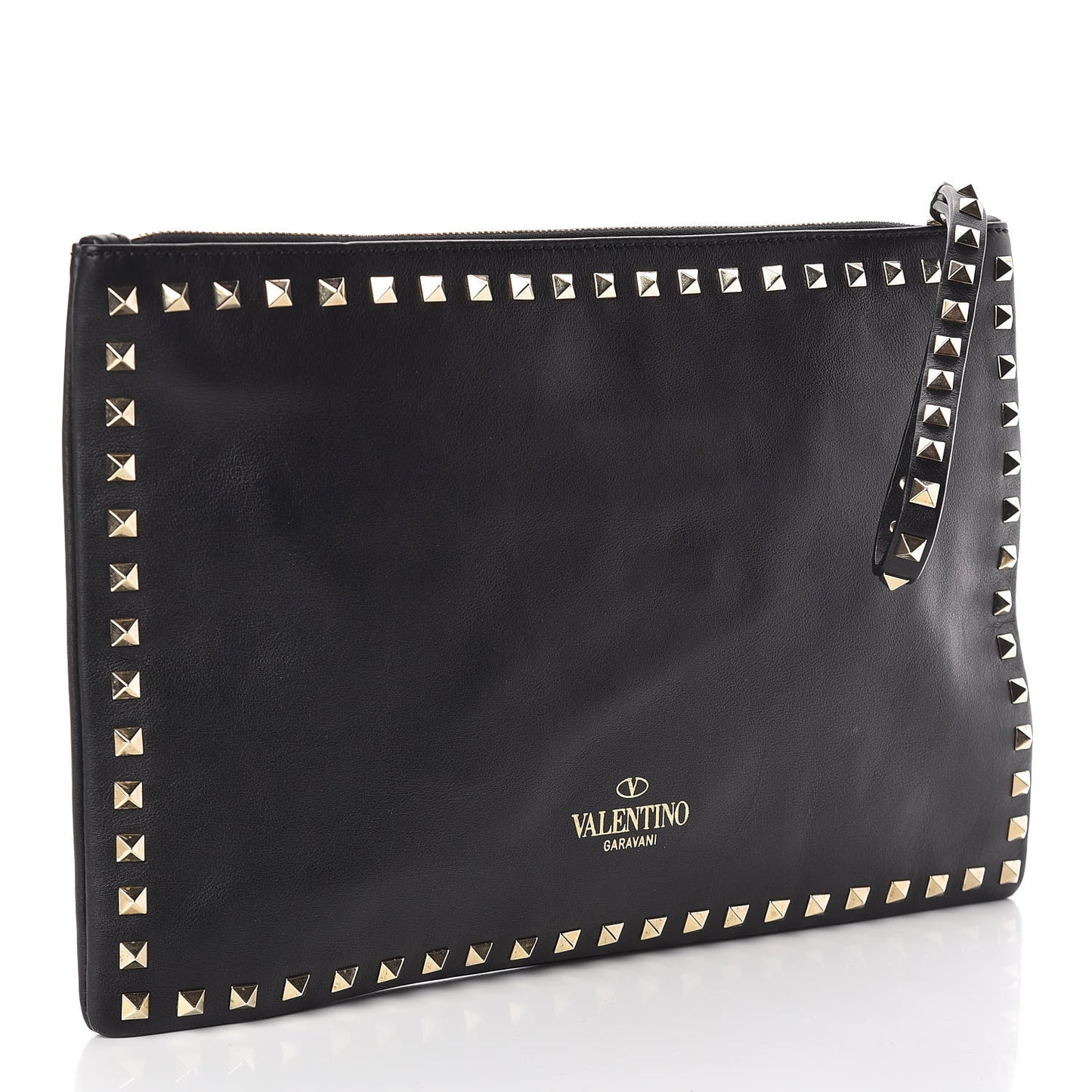 Vitello Large Rockstud Zip Wristlet Pouch Black